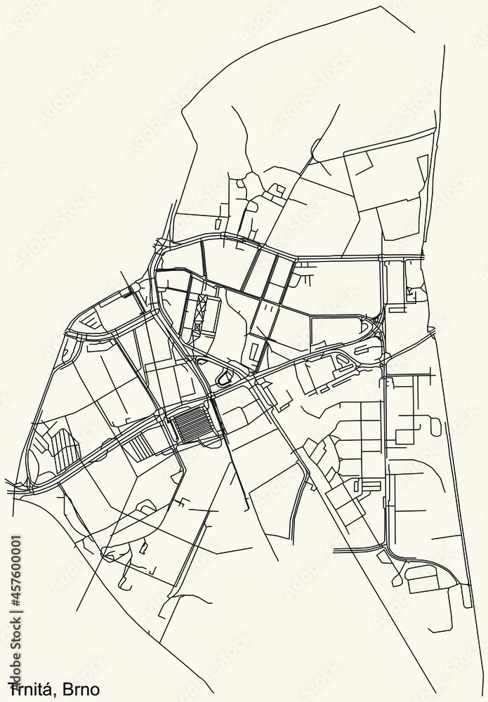 Detailed navigation urban street roads map on vintage beige background of the brněnský Trnitá cadastral area of the Czech regional capital city of Brno, Czech Republic