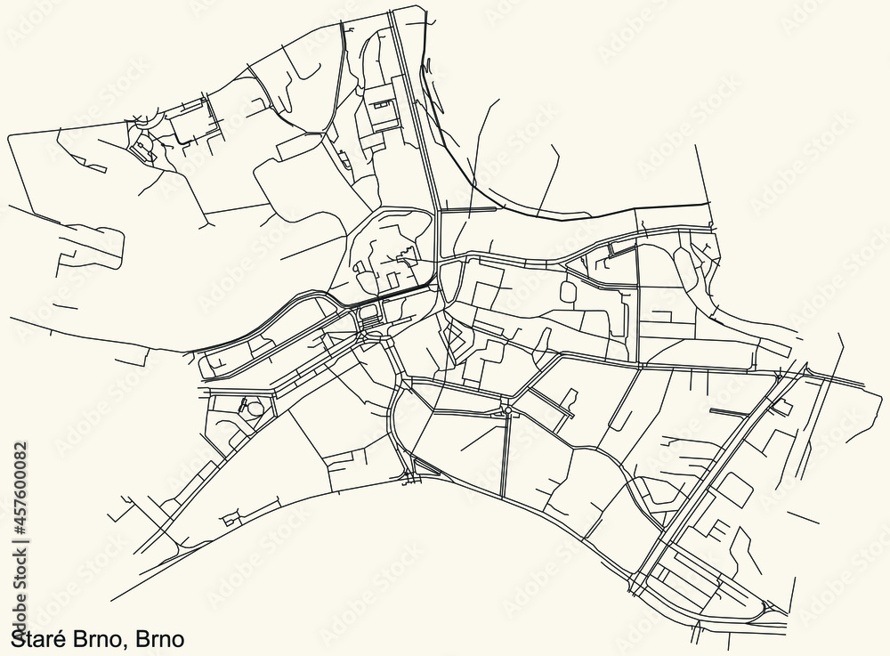 Detailed navigation urban street roads map on vintage beige background of the brněnský Staré Brno cadastral area of the Czech regional capital city of Brno, Czech Republic