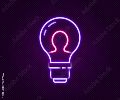 Glowing neon line Human head with lamp bulb icon isolated on black background. Colorful outline concept. Vector