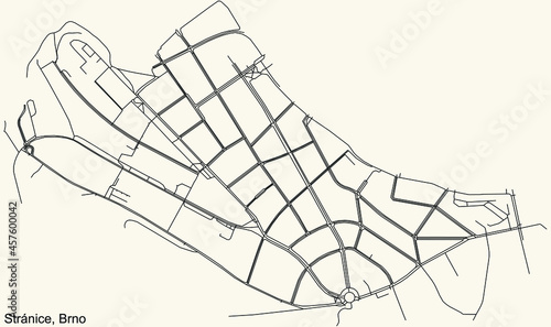 Detailed navigation urban street roads map on vintage beige background of the brněnský Stránice cadastral area of the Czech regional capital city of Brno, Czech Republic