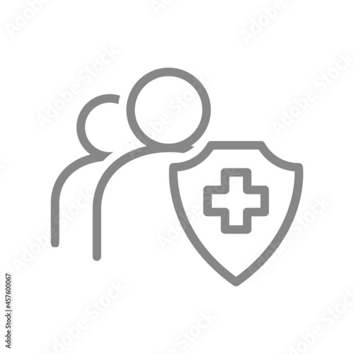 People with medical shield line icon. Vaccination of the population, injection, worldwide immunity symbol