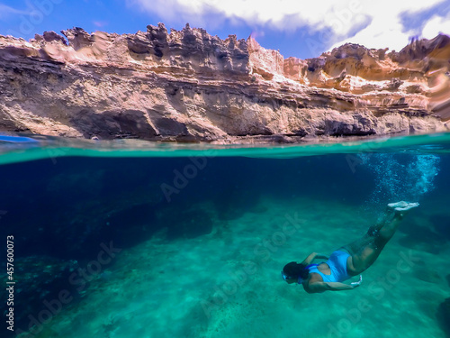 Free divers in the waters of Formentera. Apnea diving. Watersports