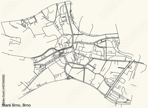 Detailed navigation urban street roads map on vintage beige background of the brněnský Staré Brno cadastral area of the Czech regional capital city of Brno, Czech Republic