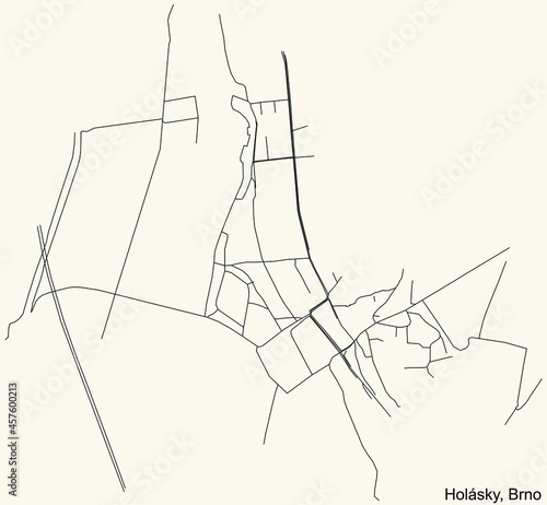 Detailed navigation urban street roads map on vintage beige background of the brněnský Holásky cadastral area of the Czech regional capital city of Brno, Czech Republic
