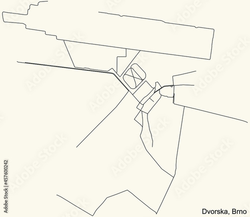 Detailed navigation urban street roads map on vintage beige background of the brněnský Dvorska cadastral area of the Czech regional capital city of Brno, Czech Republic