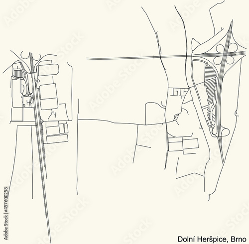 Detailed navigation urban street roads map on vintage beige background of the brněnský Dolní Heršpice cadastral area of the Czech regional capital city of Brno, Czech Republic