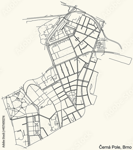 Detailed navigation urban street roads map on vintage beige background of the brněnský Černá Pole cadastral area of the Czech regional capital city of Brno, Czech Republic