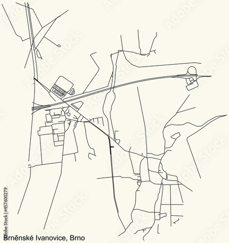 Detailed navigation urban street roads map on vintage beige background of the brněnský Brněnské Ivanovice cadastral area of the Czech regional capital city of Brno, Czech Republic