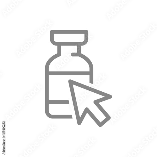 Medical ampoule and arrow web cursor line icon. Vaccine, direction, immunization, serum symbol