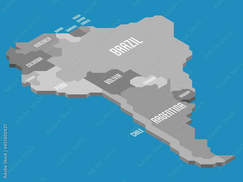 Isometric political map of South America. Grey land with country name labels on blue sea and ocean background. 3D vector illustration
