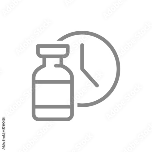 Medical ampoule and watch line icon. Vaccination time, worldwide immunity, duration of the vaccine symbol
