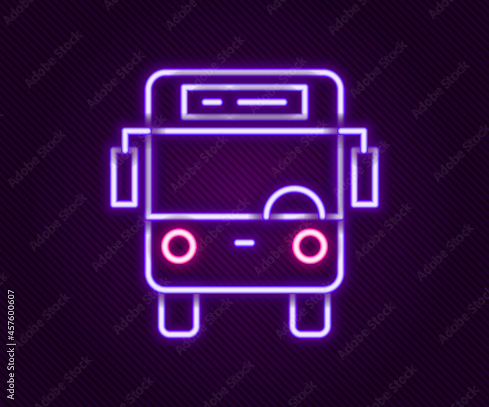 Glowing neon line Bus icon isolated on black background. Transportation concept. Bus tour transport sign. Tourism or public vehicle symbol. Colorful outline concept. Vector