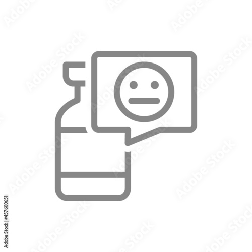 Medical ampoule and neutral face in speech buble line icon. Vaccination, vaccine evaluation, neutral feedback symbol