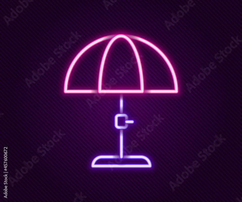 Glowing neon line Sun protective umbrella for beach icon isolated on black background. Large parasol for outdoor space. Beach umbrella. Colorful outline concept. Vector