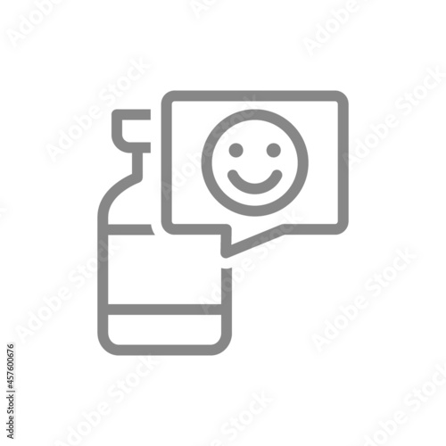 Medical ampoule and happy face in speech buble line icon. Vaccination, vaccine evaluation, positive feedback symbol
