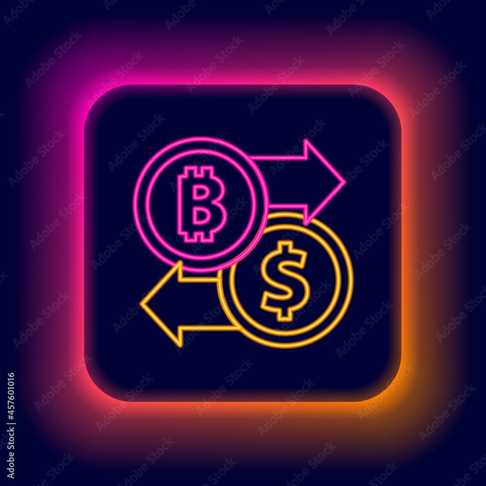 Glowing neon line Cryptocurrency exchange icon isolated on black background. Bitcoin to dollar exchange icon. Cryptocurrency technology, mobile banking. Colorful outline concept. Vector Glowing neon line Cryptocurrency exchange icon isolated on black background. Bitcoin to dollar exchange icon. Cryptocurrency technology, mobile banking. Colorful outline concept. Vector