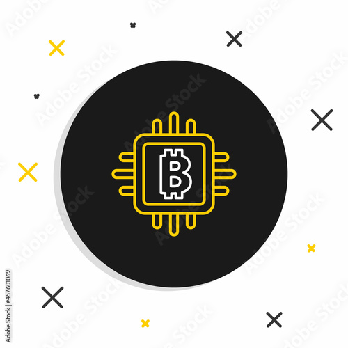 Line CPU mining farm icon isolated on white background. Bitcoin sign inside processor. Cryptocurrency mining community. Digital money. Colorful outline concept. Vector