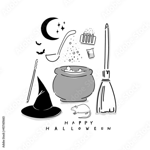 Halloween themed party vector drawing of magical potion, bat, witch's hat, moon, rat, bloom for seasonal holiday greeting, store sign, invitation - Happy Halloween - Hand-drawn design.