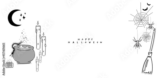 Halloween themed party vector drawing of magical potion, moon, bloom, spiders and bats for seasonal holiday greeting, store sign, invitation - Happy Halloween - Hand-drawn design. Horizontal banner 