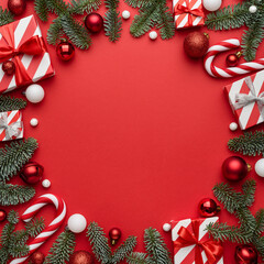 Red Christmas template for design with festive frame on red background