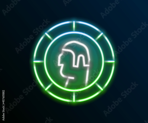 Glowing neon line Ancient Greek coin icon isolated on black background. Colorful outline concept. Vector