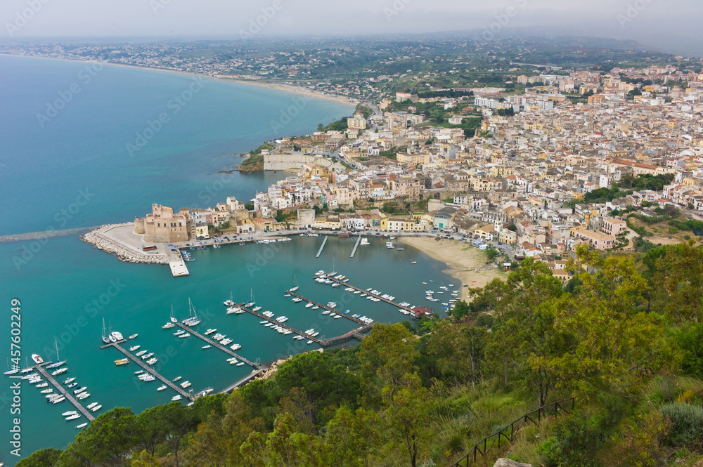 Aerial view of harbor in Castellamare del Golfo at the Mediterranean Sea, Sicily in Italy