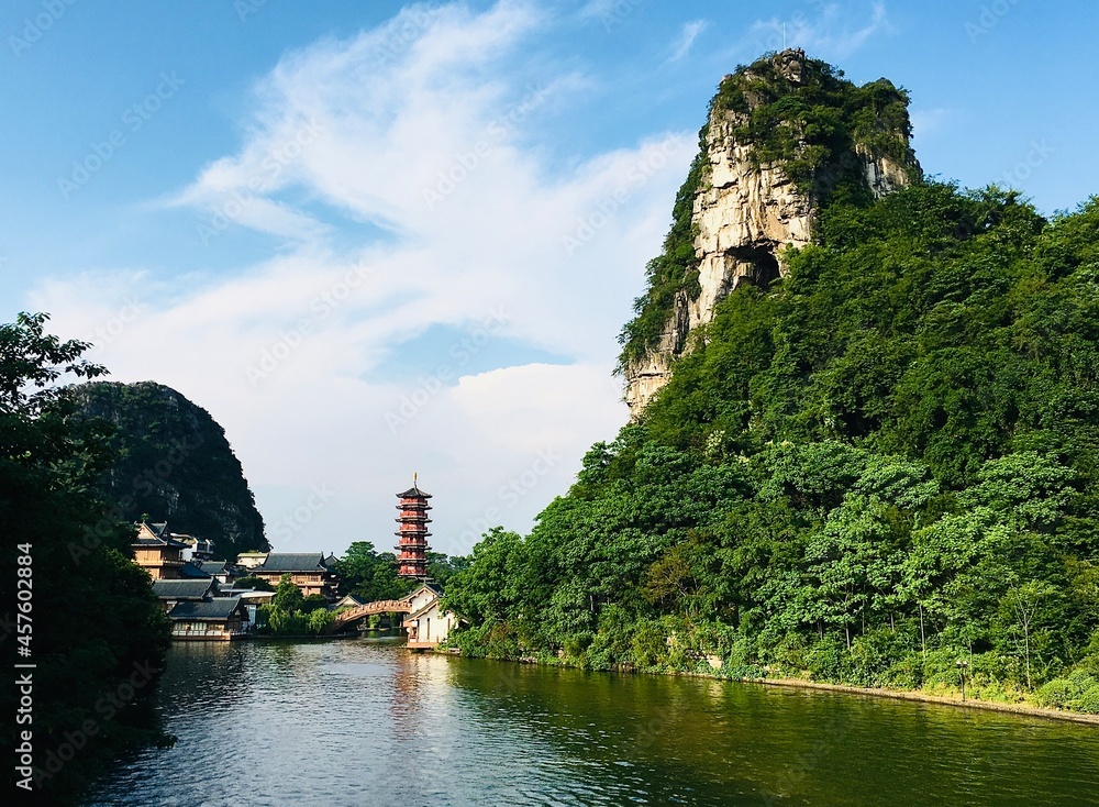 Tower, bridge and mountain 