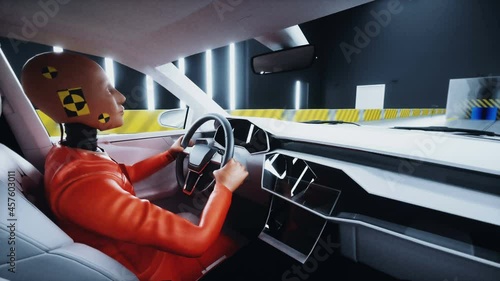 Generic 3d car crash test with crashtest dummy. Car destruction. Realistic 4k animation.