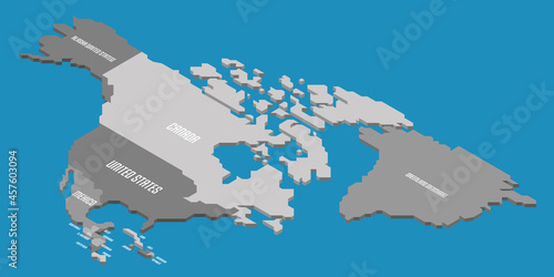 Isometric political map of North America. Colorful land with country name labels on white background. 3D vector illustration