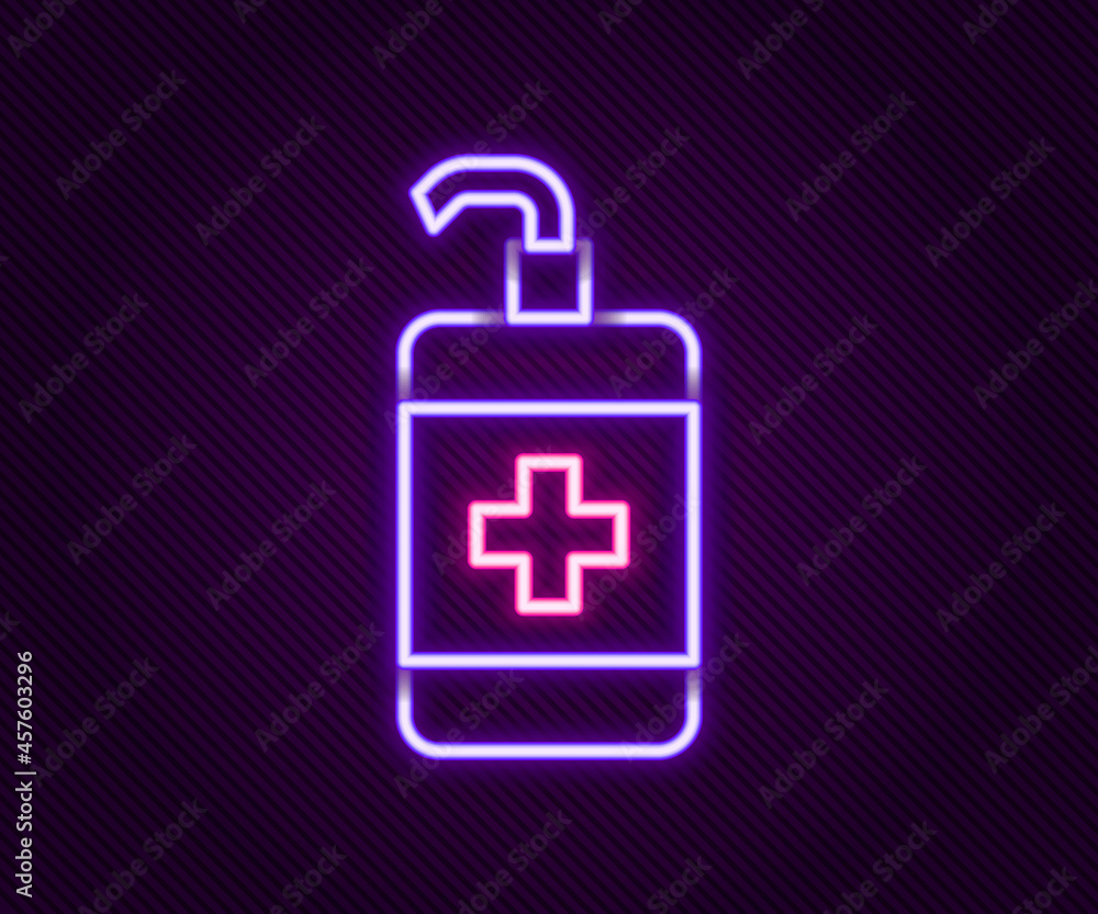 Glowing neon line Hand sanitizer bottle icon isolated on black background. Disinfection concept. Washing gel. Alcohol bottle for hygiene. Colorful outline concept. Vector Glowing neon line Hand sanitizer bottle icon isolated on black background. Disinfection concept. Washing gel. Alcohol bottle for hygiene. Colorful outline concept. Vector