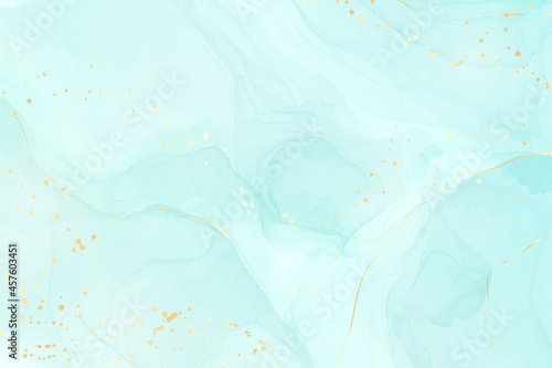 Pastel cyan mint liquid marble watercolor background with gold lines and brush stains. Teal turquoise marbled alcohol ink drawing effect. Vector illustration backdrop, watercolour wedding invitation