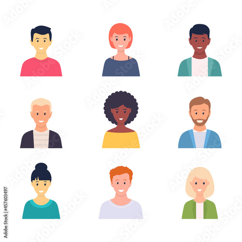 Young multicultural people team set. Diverse business men and women avatars collection. People cute characters. Vector illustration isolated on white. 