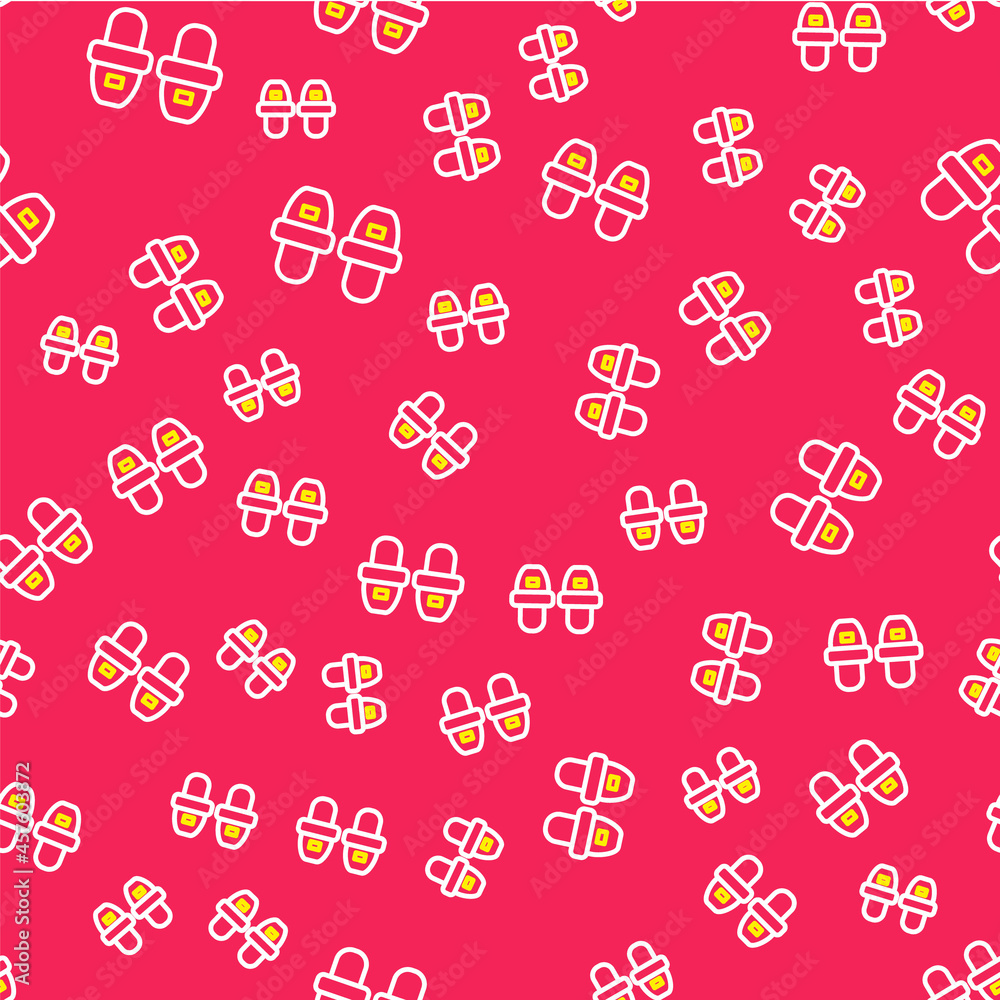 Line Hotel slippers icon isolated seamless pattern on red background. Flip flops sign. Vector Line Hotel slippers icon isolated seamless pattern on red background. Flip flops sign. Vector