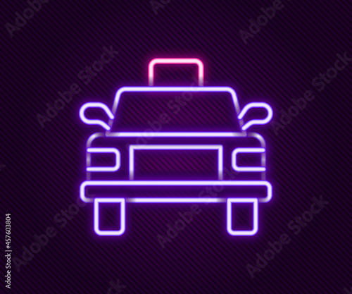 Glowing neon line Taxi car icon isolated on black background. Colorful outline concept. Vector