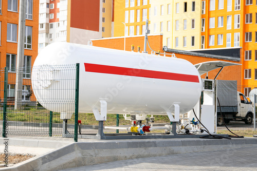 Propane tank or lpg tank for the transport refueling on a gas station. photo