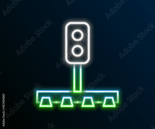 Glowing neon line Train traffic light icon isolated on black background. Traffic lights for the railway to regulate the movement of trains. Colorful outline concept. Vector