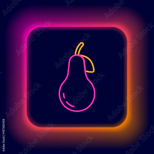 Glowing neon line Pear icon isolated on black background. Fruit with leaf symbol. Colorful outline concept. Vector