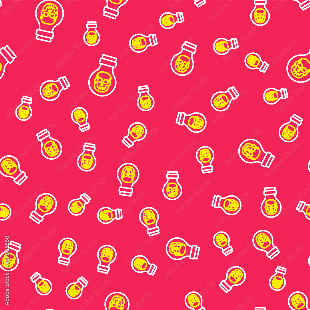 Line Poison in bottle icon isolated seamless pattern on red background. Bottle of poison or poisonous chemical toxin. Vector