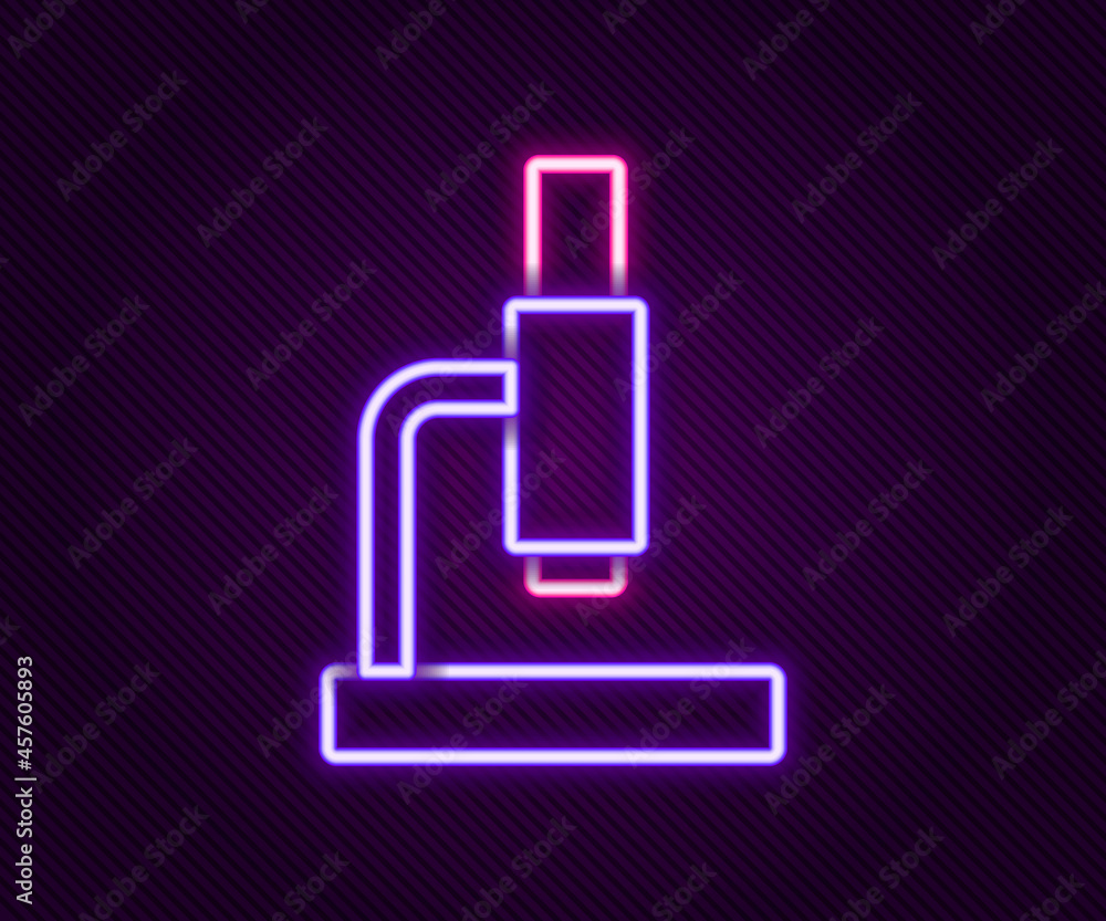 Obraz premium Glowing neon line Microscope icon isolated on black background. Chemistry, pharmaceutical instrument, microbiology magnifying tool. Colorful outline concept. Vector