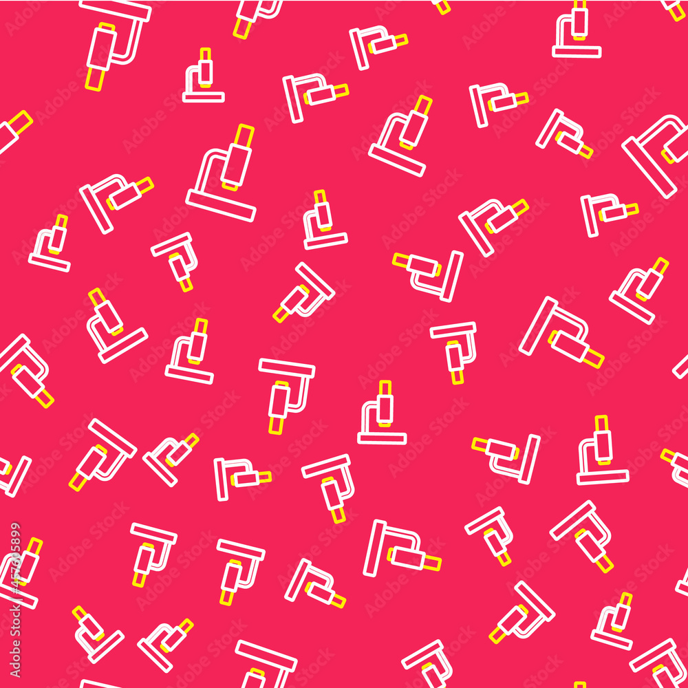 Line Microscope icon isolated seamless pattern on red background. Chemistry, pharmaceutical instrument, microbiology magnifying tool. Vector Line Microscope icon isolated seamless pattern on red background. Chemistry, pharmaceutical instrument, microbiology magnifying tool. Vector