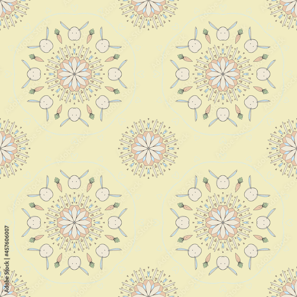 Carrot and rabbit seamless pattern for Easter. Linear abstract weave. Endless pattern can be used for ceramic tile, wallpaper, linoleum, textile, web background, wallpaper, textiles, fabric, gifts.