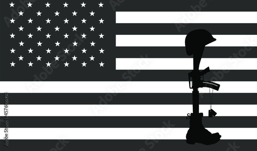 United States of America Fallen soldier symbol vector silhouette illustration USA flag. Rifle in boots, helmet and military identification plate. Battlefield dead soldier memories. Comrade lost friend