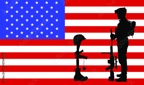 United States of America Fallen soldier symbol vector silhouette illustration USA flag. Rifle in boots, helmet and military identification plate. Battlefield dead soldier memories. Comrade lost friend