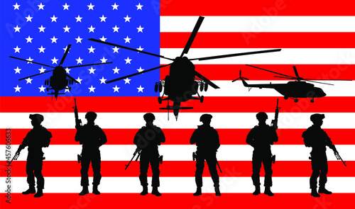 Army soldiers unit with rifles on duty over United States of America flag vector illustration. USA protect force with helicopter unit watch guard. Patriot unit save border of country against terrorism