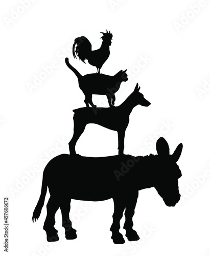 Town Musicians of Bremen, the statue vector silhouette illustration isolated on white background. loud animals symbol pyramid. Donkey, dog, cat and cock rooster. Popular fairy tale illustration. 