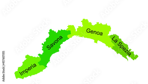 Liguria vector map silhouette illustration isolated on white background, province in Italy. Liguria region with separated regions with borders. Italian territory. photo