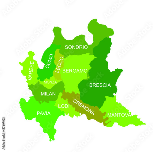 Lombardy map silhouette vector illustration. Lombardia, Italy map silhouette illustration isolated on white background. Green Lombardy province with separated regions.