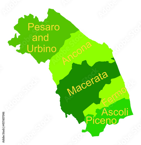 Marche map vector silhouette illustration. Italy province with separated territory illustration isolated on white background. Italian region.