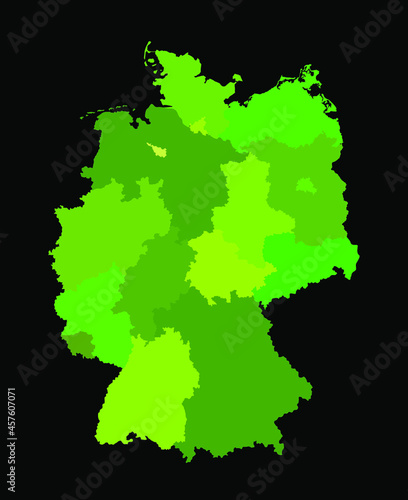 Germany map vector silhouette illustration isolated on black background. Deutschland autonomous communities. High detailed Green Germany map regions administrative divisions, separated provinces map.