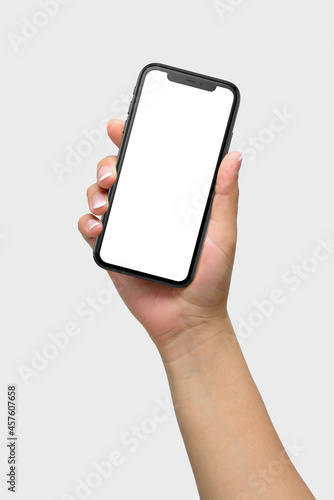Mockup of female hand holding a black smartphone  with blank screen isolated on light grey background   App   UI Mockups 